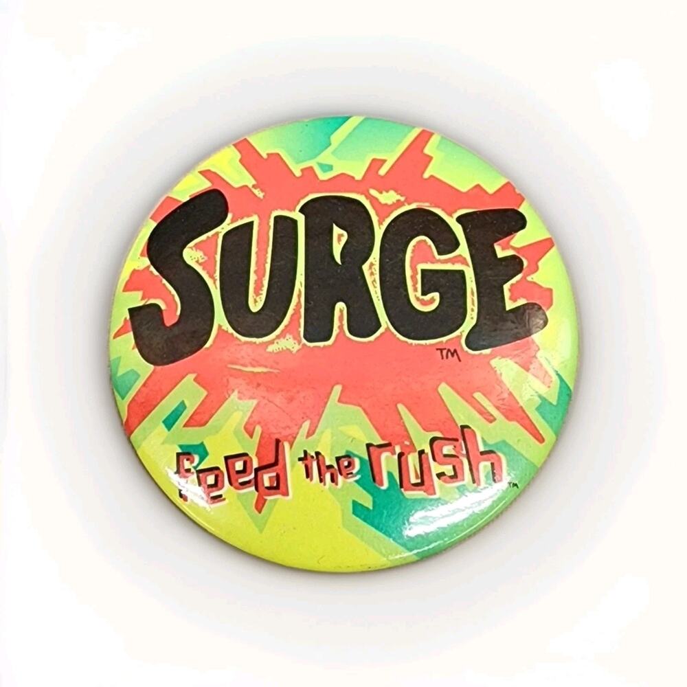 Vintage Surge Soda Feed The Rush Button Pin 1990s RARE promotional Coca-Cola